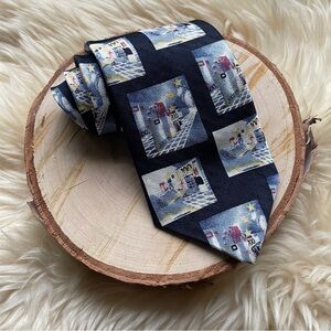 GIORGIO Pure Silk Vintage Abstract Geometric Navy Blue Gold Textured Men's Tie